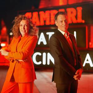 Francesca Fabbri Fellini and Jean Jacques Dubau, Head of Marketing, Campari Group, at the Campari Boat-In Cinema at the 78th Venice International Film Festival - La Biennale di Venezia celebrating the premiere of Campari Red Diaries 2021: Fellini Forward.